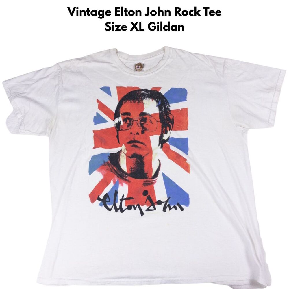 Vintage Elton John Union Jack Graphic T Shirt White XL Gildan Music Tee‎